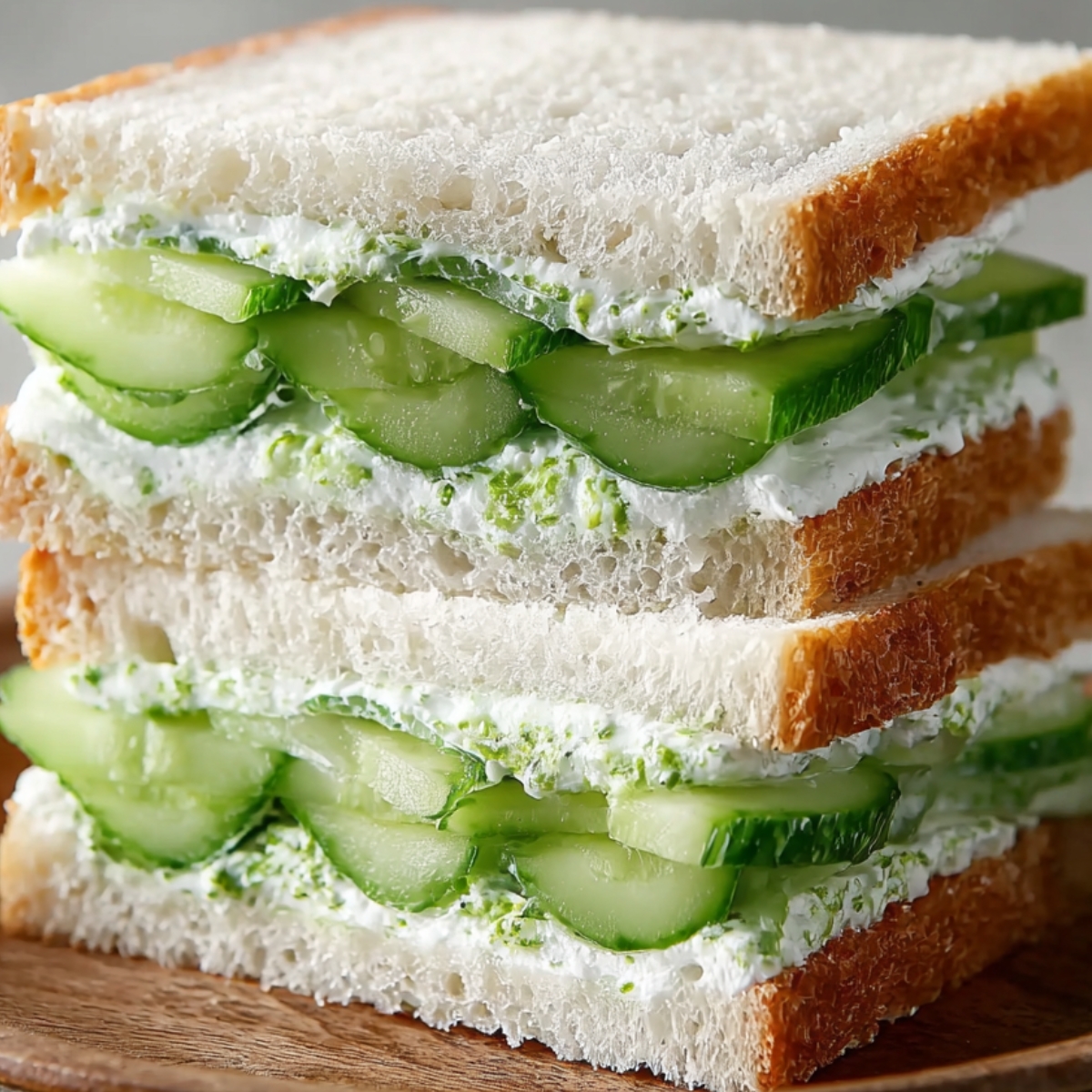 A homemade cucumber sandwich with soft white bread, thinly sliced fresh cucumbers, and a creamy spread, stacked neatly with a golden-brown crust on the outside.