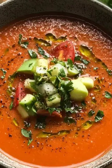 A bowl of homemade gazpacho with a smooth red soup topped with diced cucumber, tomatoes, and fresh cilantro. Olive oil drizzles on top with freshly ground black pepper. The rustic, speckled bowl adds a cozy, homemade feel.