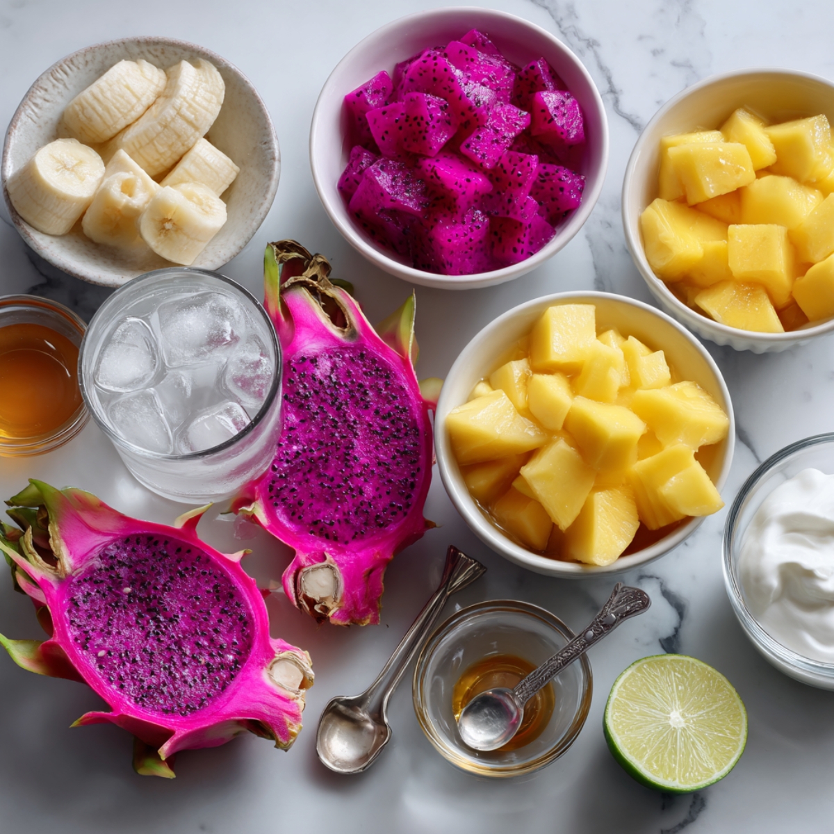 Bowls with chopped banana, dragon fruit, and mango chunks, along with a glass of water, lime, and honey for a smoothie.