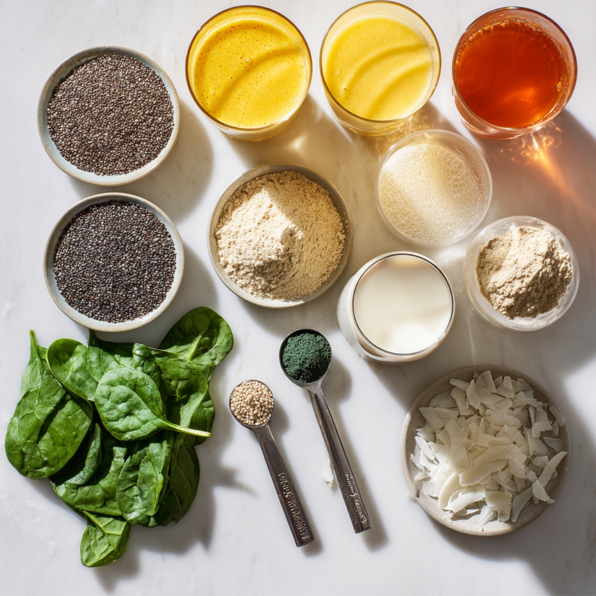 A variety of smoothie ingredients, including chia seeds, turmeric, spirulina, spinach, and powders, arranged neatly on a countertop.