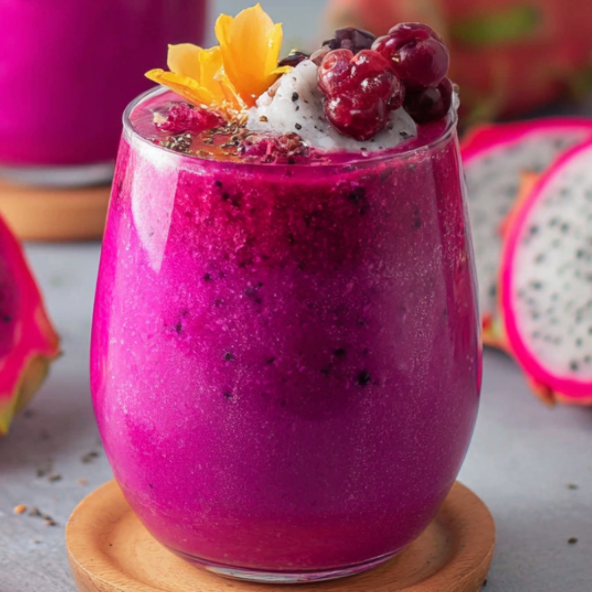 A vibrant pink dragon fruit smoothie served in a glass, topped with coconut flakes, berries, and a yellow flower, with dragon fruit slices in the background.