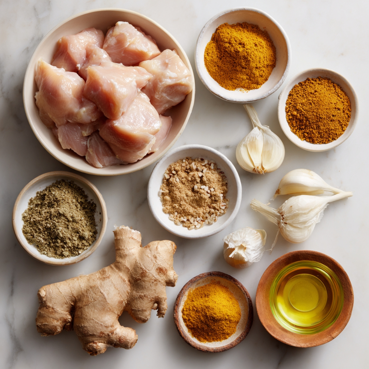 Overhead shot of a marble countertop with raw chicken thigh chunks in a bowl, small dishes of curry powder, ground coriander, minced garlic, chopped ginger, curry powder blend, and a bowl of oil arranged neatly around it.