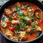 Bowl of rich red Chicken Curry Recipe studded with chicken pieces and sliced red peppers, garnished with fresh basil leaves and cilantro, with a side of white rice visible at the edge