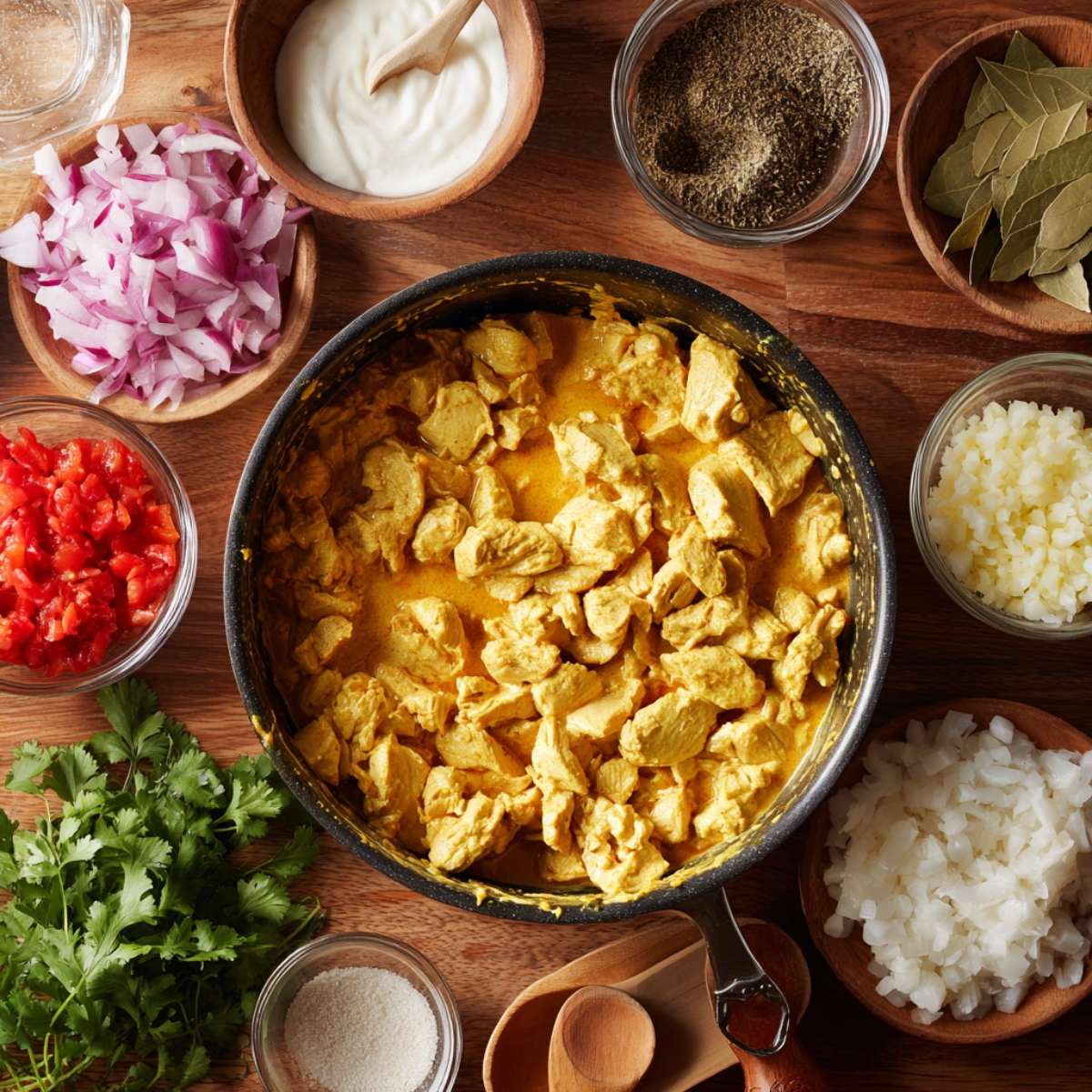Black pot of yellow chicken curry with chunks of chicken in creamy sauce surrounded by small bowls of diced red onion, yogurt, ground spices, bay leaves, chopped cauliflower rice, minced garlic, olive oil, fresh cilantro, and salt on a wooden board