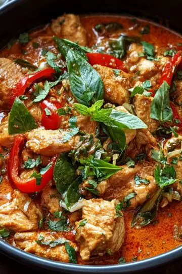 Bowl of rich red Chicken Curry Recipe studded with chicken pieces and sliced red peppers, garnished with fresh basil leaves and cilantro, with a side of white rice visible at the edge