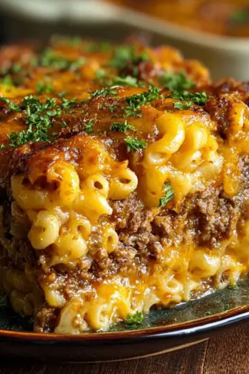 A homemade mac and cheese meatloaf casserole slice on a green plate, with a golden cheesy crust, a middle layer of seasoned ground beef, and creamy macaroni, sprinkled with chopped parsley
