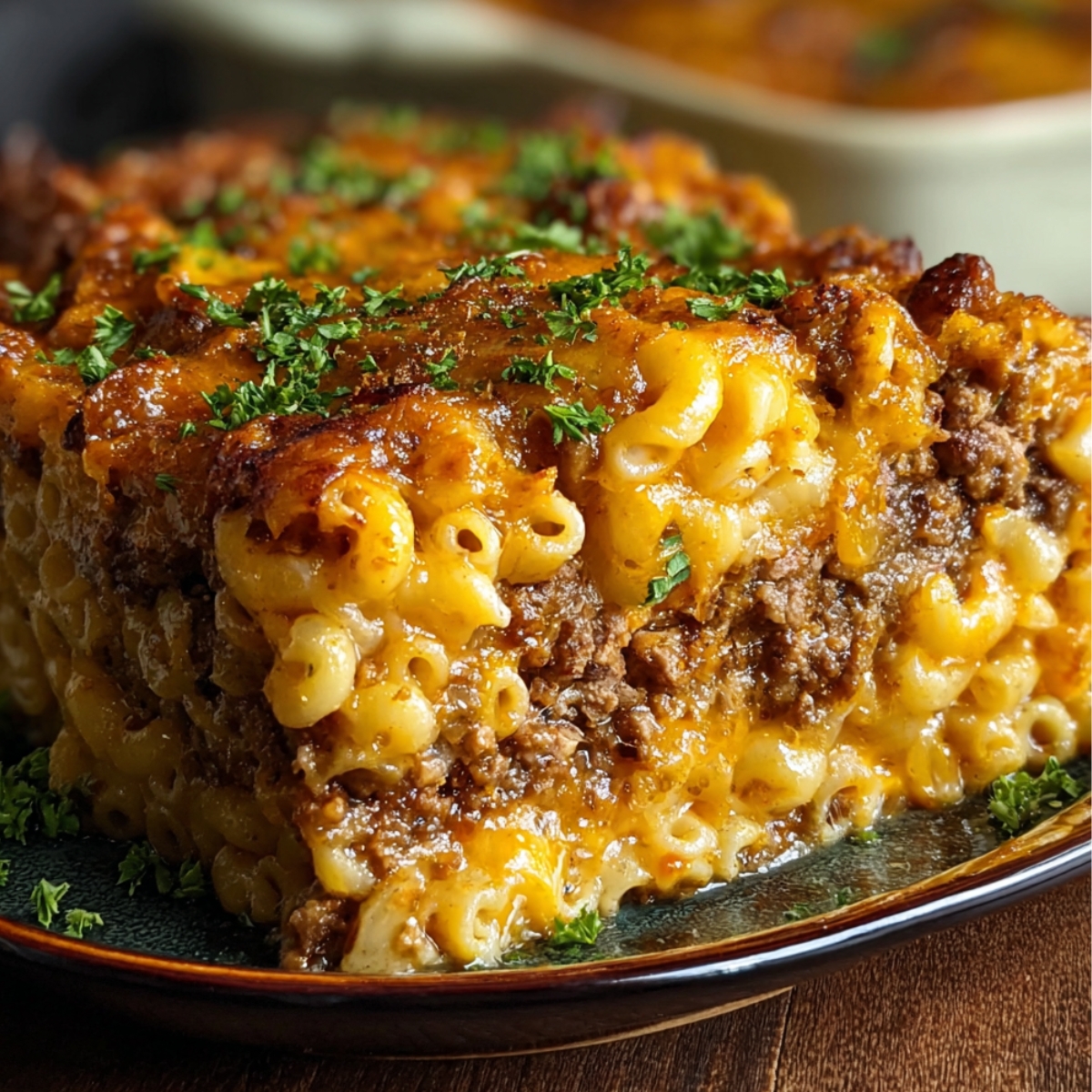 A homemade mac and cheese meatloaf casserole slice on a green plate, with a golden cheesy crust, a middle layer of seasoned ground beef, and creamy macaroni, sprinkled with chopped parsley
