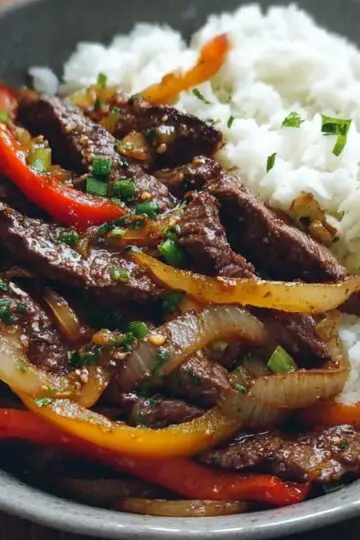 Vue rapprochée d’une assiette creuse en grès gris : un généreux lit de riz blanc moelleux sur la moitié gauche, surmonté à droite d’un mélange de fines tranches de bœuf tendre,pepper steak recipe de lamelles de poivron et d’oignon légèrement caramélisées, agrémentées de brins de ciboule ciselée et d’une sauce brune brillante.