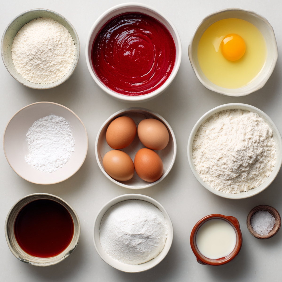 Flat-lay of red velvet batter in a bowl surrounded by small bowls of flour, cocoa powder, sugar, eggs, buttermilk, vanilla extract, and a pinch of salt.