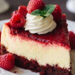Close-up of a cheesecake slice with red velvet crust, creamy center, raspberry topping, whipped cream rosette, and fresh raspberries on the side.
