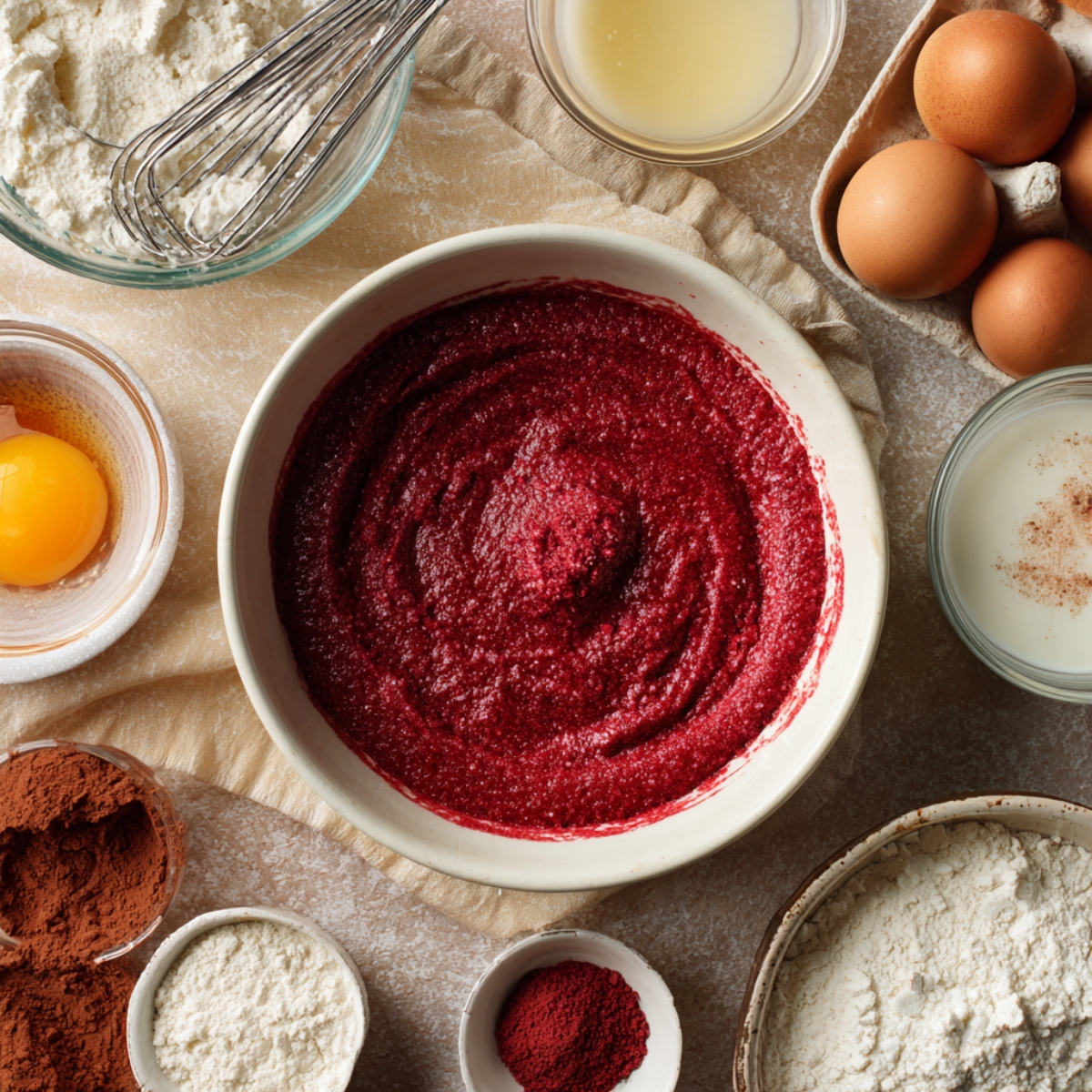 A slice of red velvet cheesecake on a white plate, drizzled with raspberry sauce, garnished with whipped cream, fresh raspberries, and a mint leaf.