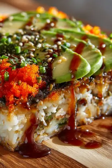 Homemade sushi bake squares with rice, seared salmon, creamy mayo, soy glaze, tobiko, green onions, and sesame seeds on a plate.