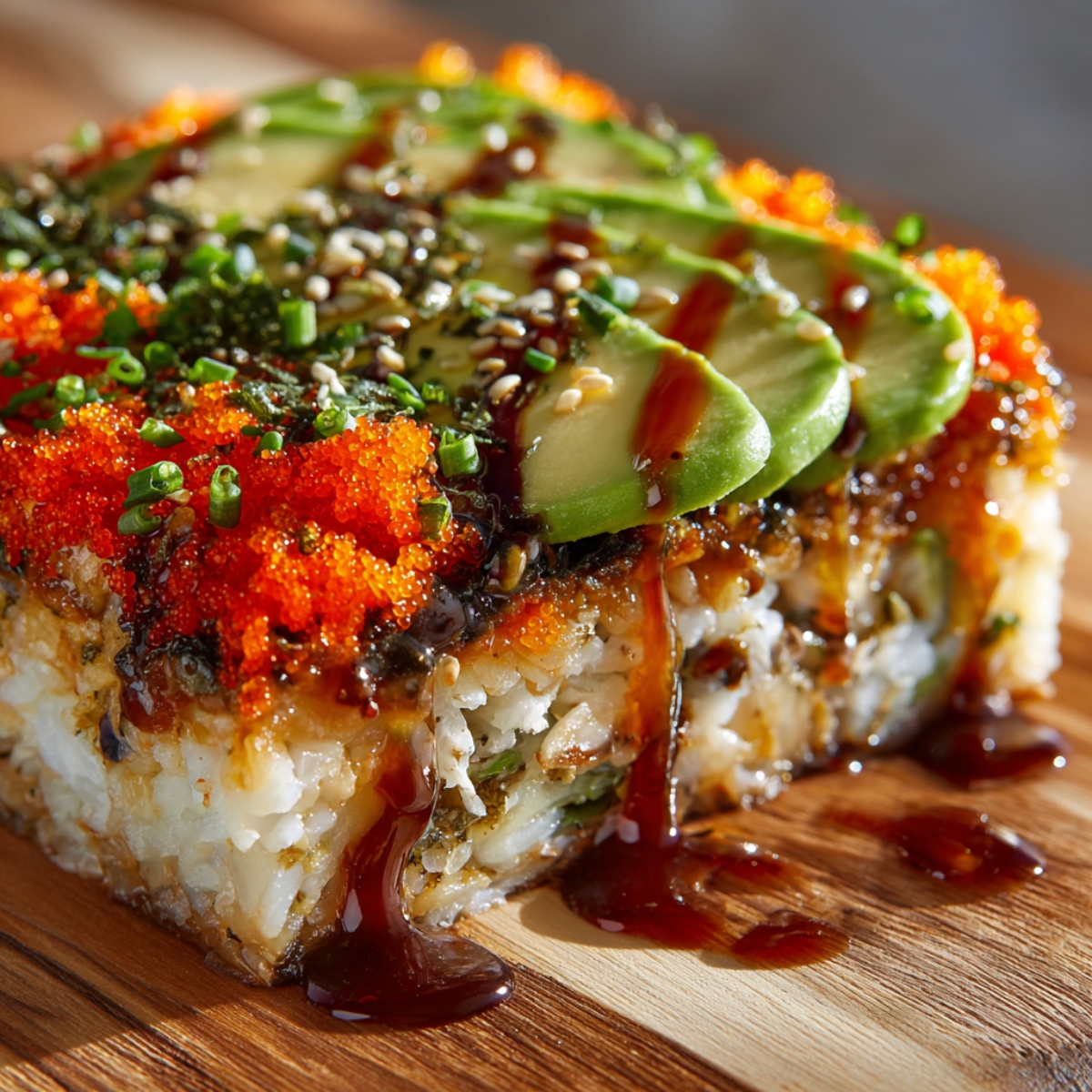Homemade sushi bake squares with rice, seared salmon, creamy mayo, soy glaze, tobiko, green onions, and sesame seeds on a plate.