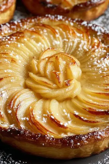 A close-up of a perfectly arranged tarte aux pommes in a tart pan, with thin, overlapping apple slices in concentric circles, glazed to a golden shine and lightly dusted with powdered sugar.