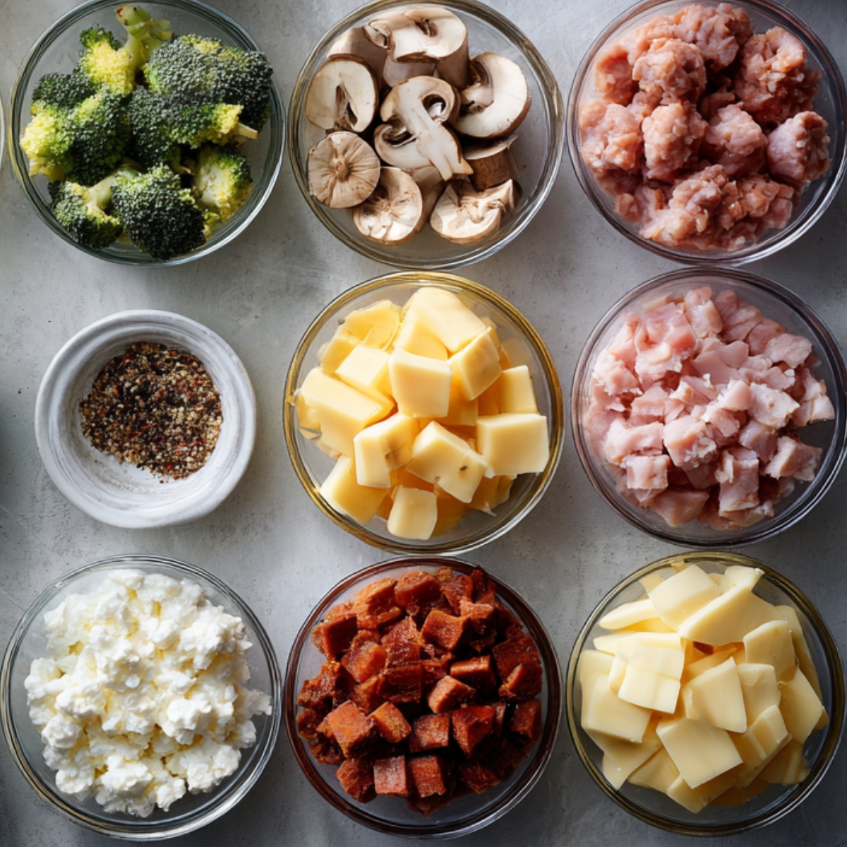 A well-organized flat lay of individual egg muffin ingredients placed in glass bowls on a light surface. Includes whole eggs, diced red and green peppers, shredded cheese, milk, chopped herbs, seasonings, and cooked bacon. The display is neat and clean, with even spacing between the bowls.