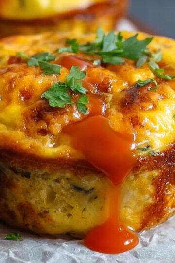 A close-up of a freshly baked egg muffin on a small wooden board lined with parchment paper. The muffin is topped with chopped parsley and has a rich orange-red hot sauce dripping down the side. More muffins appear blurred in the background, and a white ramekin of sauce is set nearby. The lighting is soft, creating a cozy, homemade atmosphere.