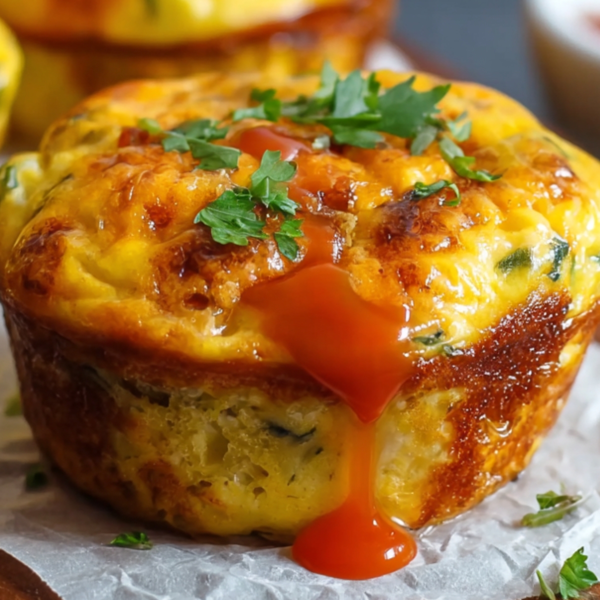 A close-up of a freshly baked egg muffin on a small wooden board lined with parchment paper. The muffin is topped with chopped parsley and has a rich orange-red hot sauce dripping down the side. More muffins appear blurred in the background, and a white ramekin of sauce is set nearby. The lighting is soft, creating a cozy, homemade atmosphere.