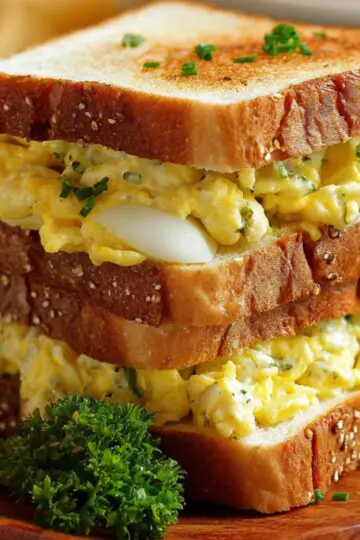 “Three-layer toasted bread Egg Sandwich filled with fried eggs and melted cheese, a runny yolk dripping down the side, garnished with sprigs of fresh thyme on a pale tabletop.”