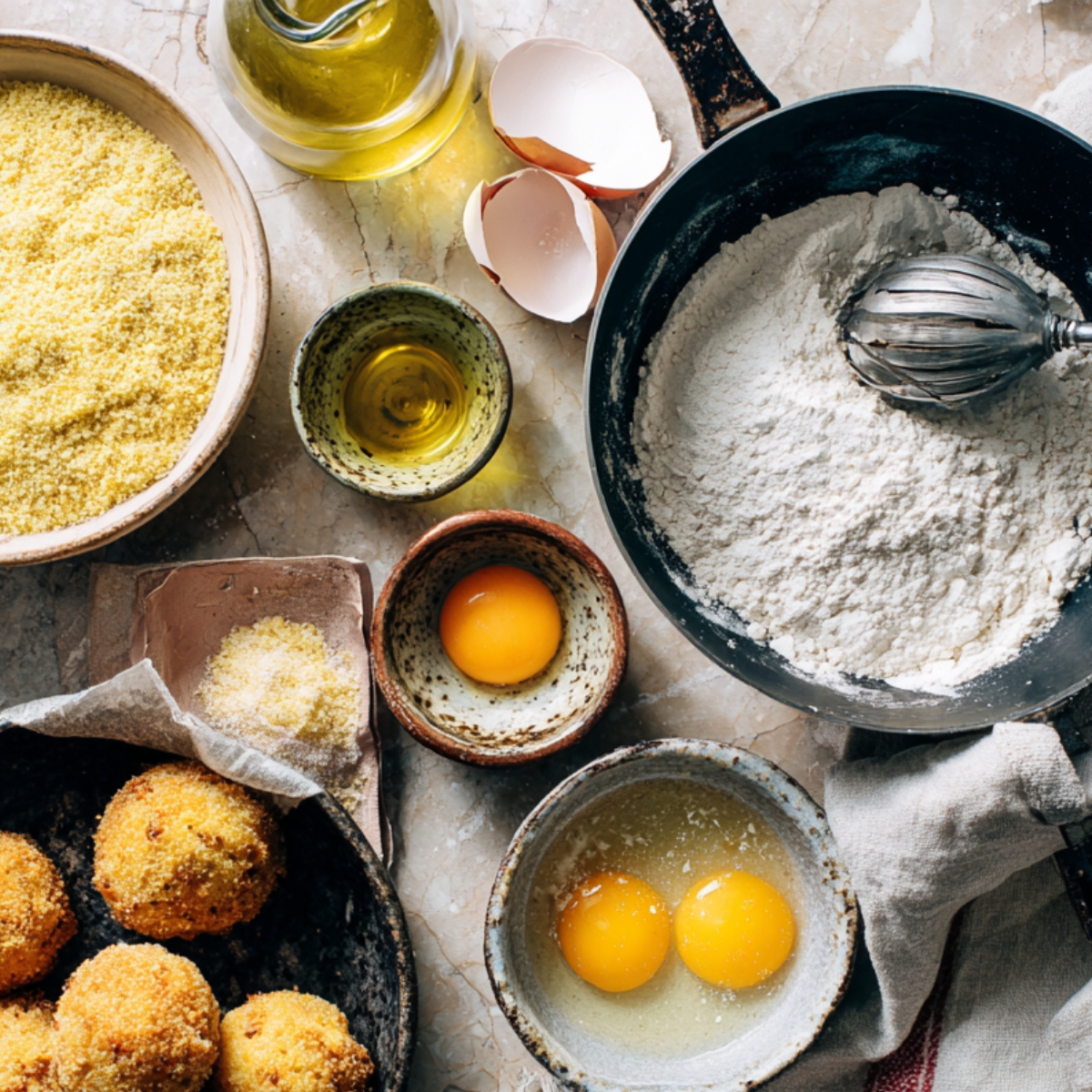Ingredients for potato cheese balls: mashed potatoes, cheeses, flour, and spices, arranged on a kitchen counter.
