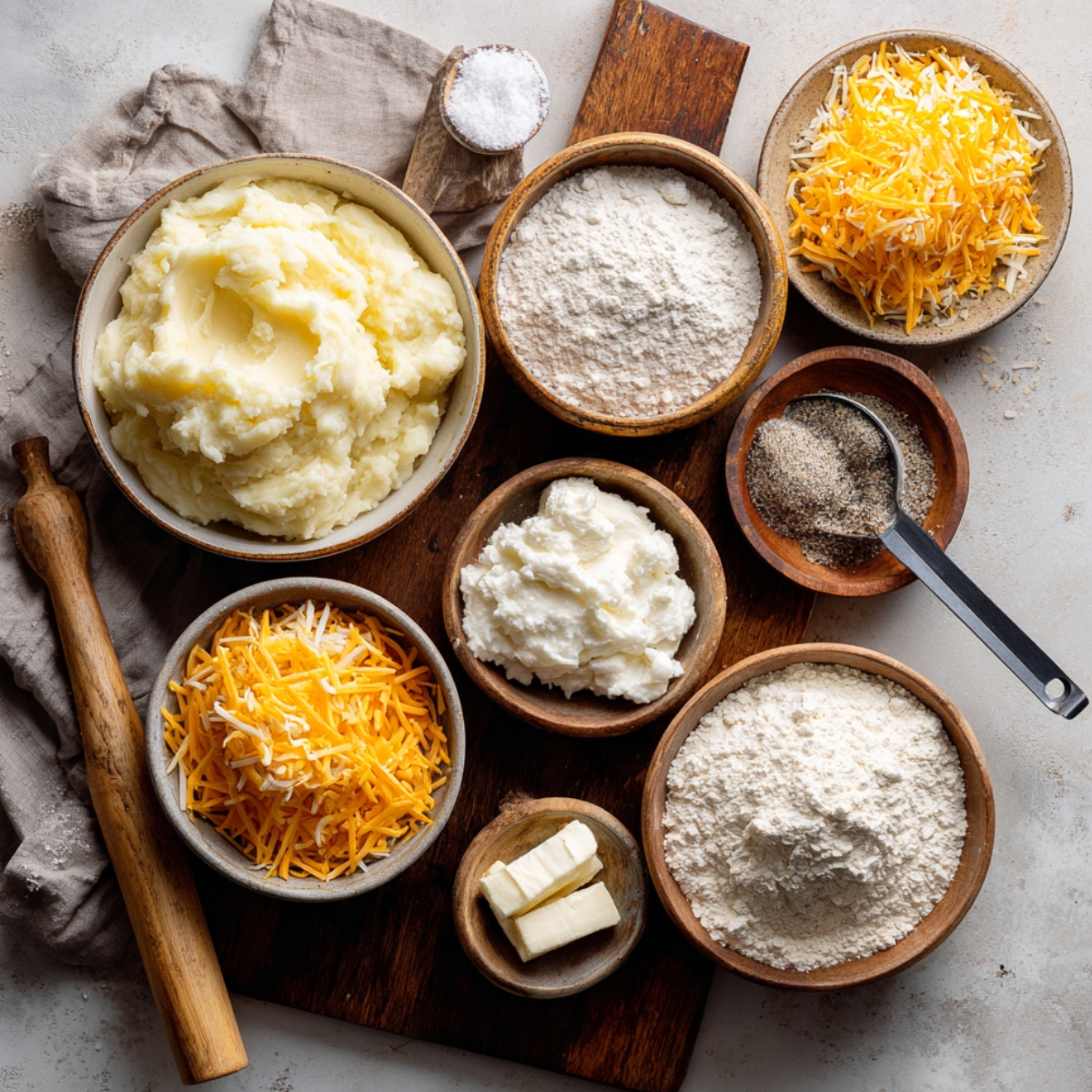 Crispy coating setup for cheese balls with flour, eggs, oil, and breadcrumbs on a kitchen surface.