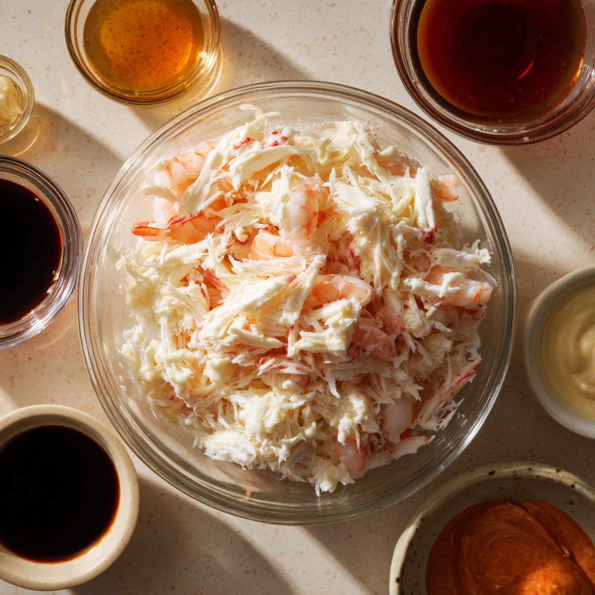 Bowl of cooked sushi rice with vinegar, sugar, and salt nearby on a wooden board.