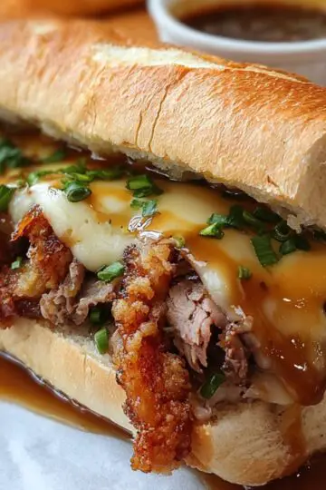 “A rustic wooden board holding a freshly toasted French Dip Sandwich roll stuffed with tender, shredded roast beef and melted provolone, flecked with chopped fresh thyme, served alongside golden-brown hand-cut fries and a small white ramekin of dark, aromatic au jus in soft daylight.”