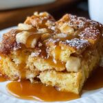 A square slice of golden-brown French toast casserole on a white plate, with visible bread cubes, drizzled caramel sauce pooling at the base, and a light dusting of powdered sugar.