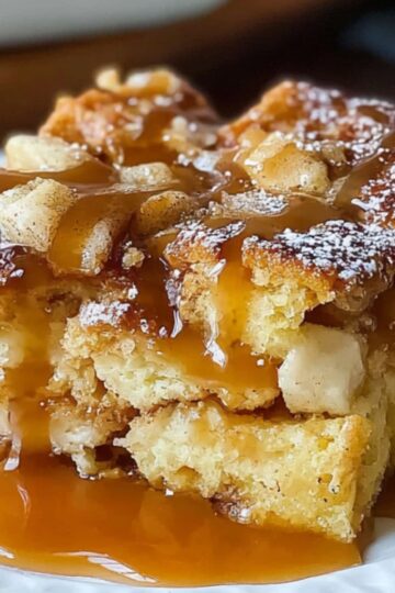 A square slice of golden-brown French toast casserole on a white plate, with visible bread cubes, drizzled caramel sauce pooling at the base, and a light dusting of powdered sugar.