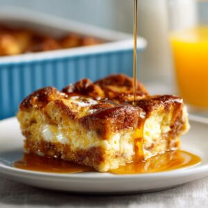 “A single square of homemade French-toast casserole on a simple white plate: the top cubes are golden-brown with crisp edges, the interior custardy and flecked with vanilla, a thin ribbon of amber maple syrup drips down one corner and pools beneath.”
