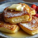 A top-down view of three thick German pancakes on a gray plate, their edges golden and crispy, topped with melting butter pats and a light dusting of powdered sugar, with syrup pooling below and raspberries blurred in the background.
