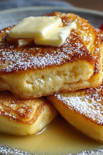 A top-down view of three thick German pancakes on a gray plate, their edges golden and crispy, topped with melting butter pats and a light dusting of powdered sugar, with syrup pooling below and raspberries blurred in the background.
