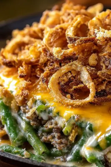Homemade green bean casserole with creamy sauce, crisp green beans, cheddar cheese, and golden fried onions served on a vintage plate.