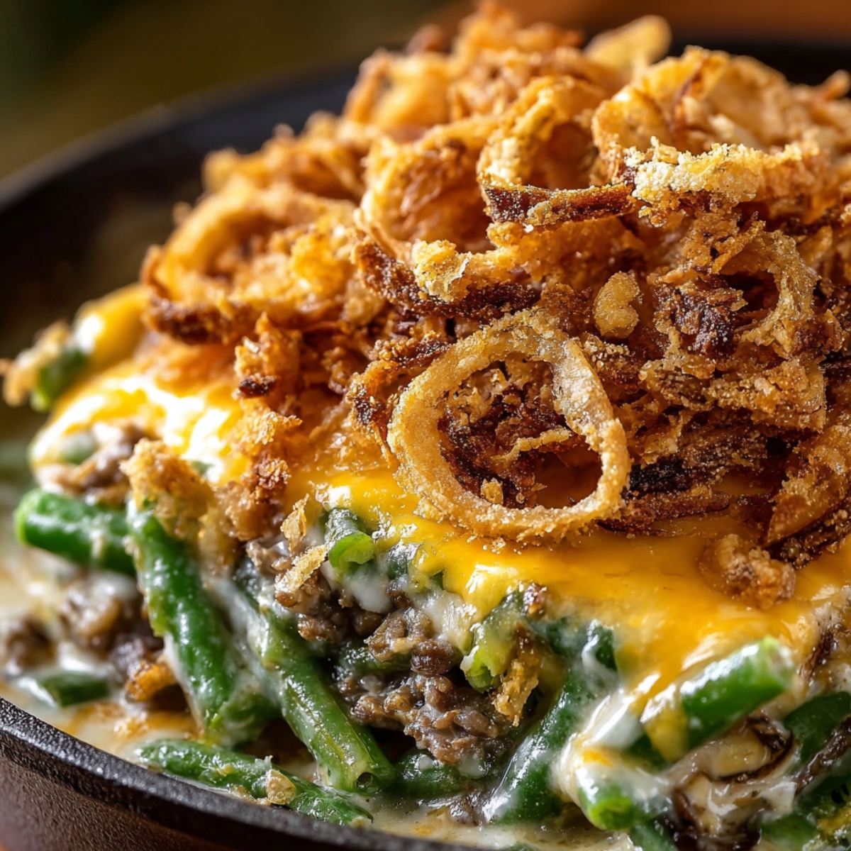 Homemade green bean casserole with creamy sauce, crisp green beans, cheddar cheese, and golden fried onions served on a vintage plate.
