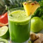 A tall, clear glass of bright emerald-green juice sits on a rustic wooden board, topped with a frothy layer and a green-and-white paper straw. A fresh pineapple wedge perches on the rim. Surrounding the glass are a halved lime, a slice of kiwi, a knobby piece of ginger root, and a blurred green apple and grapefruit in the background, all bathed in soft morning light that highlights the juice’s vibrant color and the natural textures of the fruit and root.
