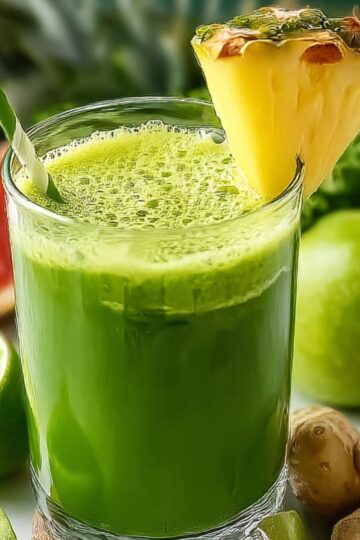 A tall, clear glass of bright emerald-green juice sits on a rustic wooden board, topped with a frothy layer and a green-and-white paper straw. A fresh pineapple wedge perches on the rim. Surrounding the glass are a halved lime, a slice of kiwi, a knobby piece of ginger root, and a blurred green apple and grapefruit in the background, all bathed in soft morning light that highlights the juice’s vibrant color and the natural textures of the fruit and root.