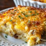 A close-up of a golden-brown hashbrown casserole slice on a white plate, topped with melted cheddar cheese and sprinkled with chopped parsley, with a fork cutting into the crispy, creamy potato layers.