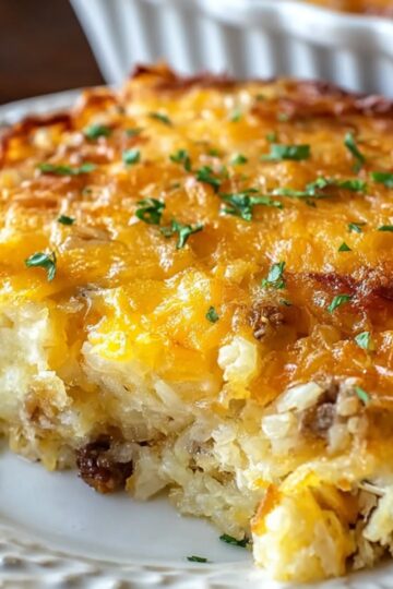 A close-up of a golden-brown hashbrown casserole slice on a white plate, topped with melted cheddar cheese and sprinkled with chopped parsley, with a fork cutting into the crispy, creamy potato layers.