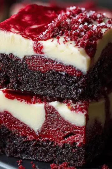 A stack of two thick Red Velvet Brownies squares with a creamy, swirled cream-cheese topping. The dense, moist brownie base is a deep mahogany red, while the smooth cream-cheese layer on top is pale ivory with dramatic red velvet streaks. Crumbly red velvet bits and a light dusting of powdered sugar cling to the edges, and you can just make out the fudgy interior and velvety texture against a dark serving platter