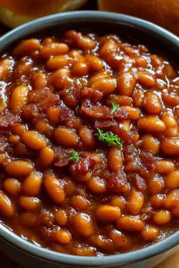 A rustic black pot on a wood round, brimming with thick, caramelized baked beans recipe studded with bacon bits and garnished with fresh parsley, surrounded by dinner rolls.