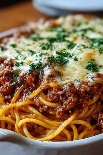 A baked spaghetti Recipe casserole topped with melted cheese and parsley, served in a white ceramic baking dish