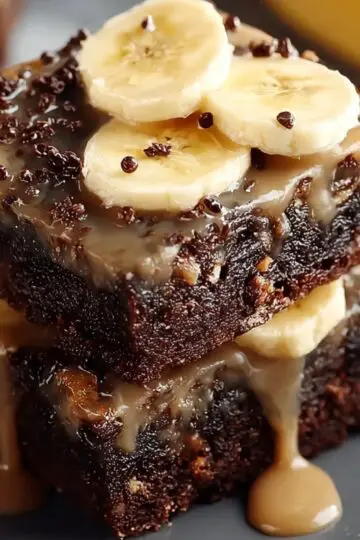 Two thick Banana Brownies stacked on a dark plate, topped with fresh banana slices and a glossy caramel drizzle, with a whole banana blurred in the background.