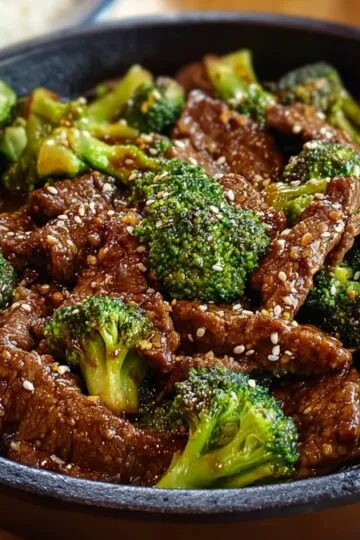 Close-up skillet of Beef and Broccoli Recipe in glossy brown sauce, sprinkled with sesame seeds, rice blurred in background