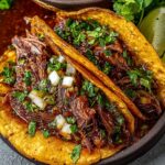 Two crispy birria tacos filled with juicy, shredded beef and topped with fresh cilantro and diced onions, served with a bowl of rich consommé and lime wedges on a dark rustic plate.