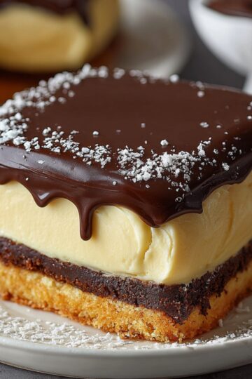 Close‑up of a square slice of Boston cream pie showing a golden sponge cake base, thick vanilla custard layer, and glossy chocolate ganache dripping over the edges, topped with white chocolate shavings on parchment