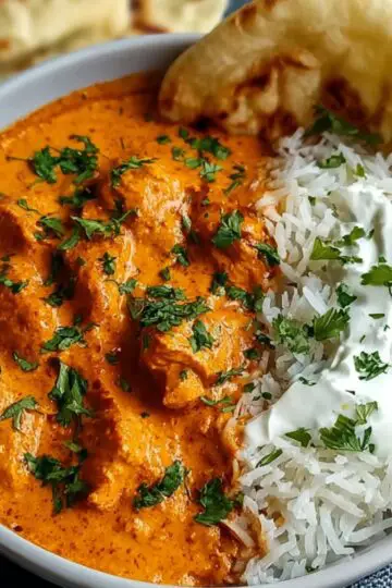 A white bowl half‑filled with fluffy basmati rice drizzled with cream, the other half with orange‑red Butter Chicken Recipe pieces in rich tomato‑cream sauce, garnished with chopped cilantro, served with a folded naan on the side on a dark stone table.