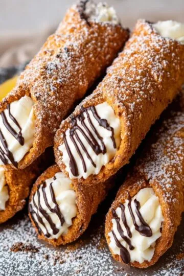 Plated cannoli recipe pastries filled with creamy ricotta filling, dusted with powdered sugar and drizzled with chocolate, served with a lemon wedge and mint garnish.