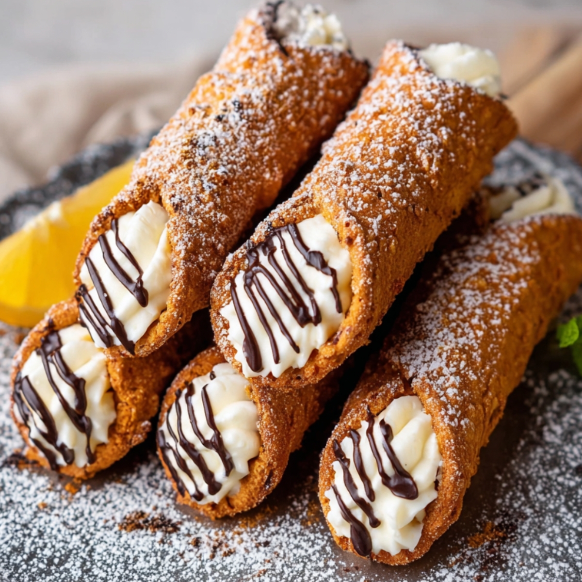 Plated cannoli recipe pastries filled with creamy ricotta filling, dusted with powdered sugar and drizzled with chocolate, served with a lemon wedge and mint garnish.