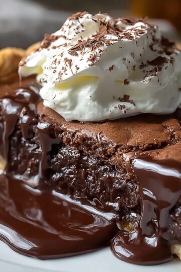 A decadent slice of chocolate pie on a white plate, its rich, fudgy filling dripping onto the plate, crowned with a swirl of whipped cream and delicate chocolate shavings.