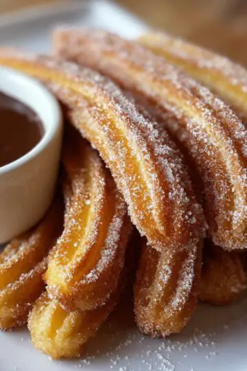 Close‑up of freshly fried churros recipe being lifted from hot oil with tongs, sugar raining down onto their ridged surfaces.
