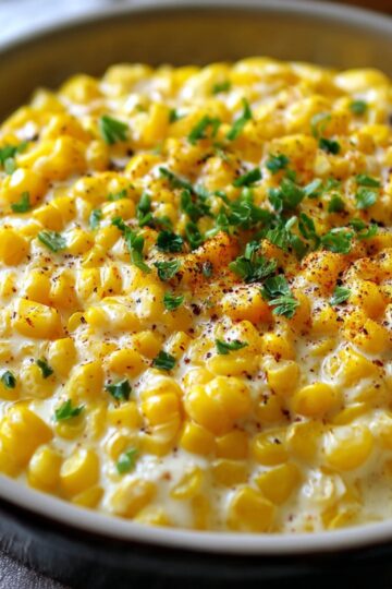 A close‑up of a shallow bowl filled with Cream Corn Recipe : bright yellow corn kernels in a white cream sauce, sprinkled with paprika and finely chopped fresh chives, set on a neutral cloth background.